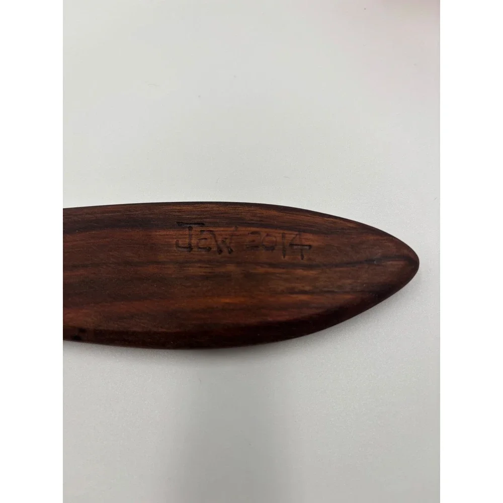 Artisan Hand Carved Wooden Salad Server Set Signed JEW 2014 Dark Wood Fork Spoon